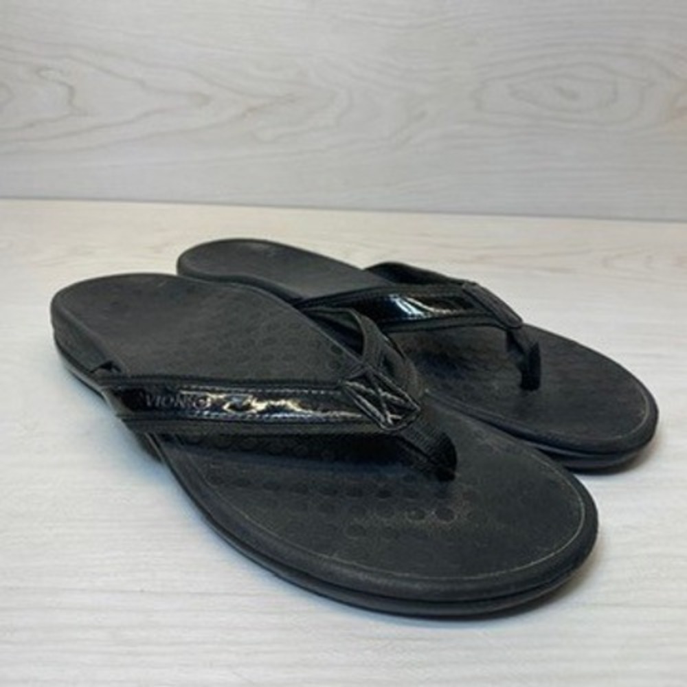 Vionic Womens 9 Sandals Tide Orthotic Flip Flops Black Patent Comfort